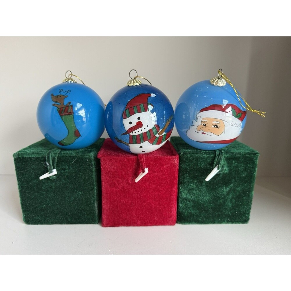 3 Li Bien Inside Reverse Paint Glass CHRISTMAS Ornaments 2.5" SNOWMAN